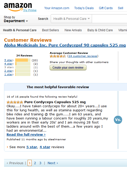 Sản phẩm Pure Cordyceps Pills được người tiêu dùng tại Mỹ đánh giá rất cao
