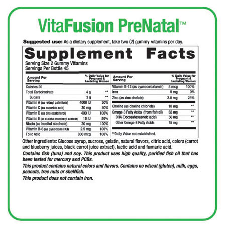 Thành phần của kẹo dẻo Gummy Vitafusion PreNatal giúp mẹ khỏe con thông minh