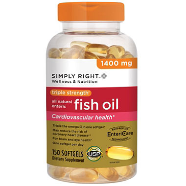 Simply right wellness and nutrition triple strength fish oil – dầu cá giúp tăng cường chức năng tim mạch, bảo vệ xương khớp, phục hồi chức năng não bộ, 150 viên
