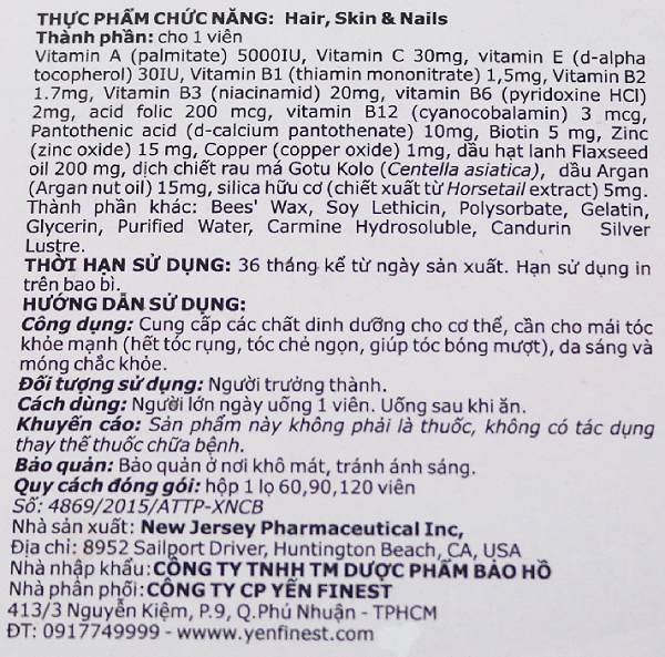 Viên uống bổ tóc, da và móng extra strength hair, skin and nails 60 viên
