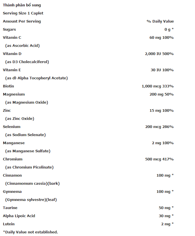 Viên uống ngăn ngừa và hỗ trợ điều trị bệnh tiểu đường puritan’s pride high potency diabetic support formula 60 viên
