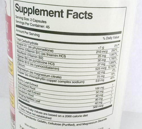 Bảng thành phần của Super Kidney Cleanse