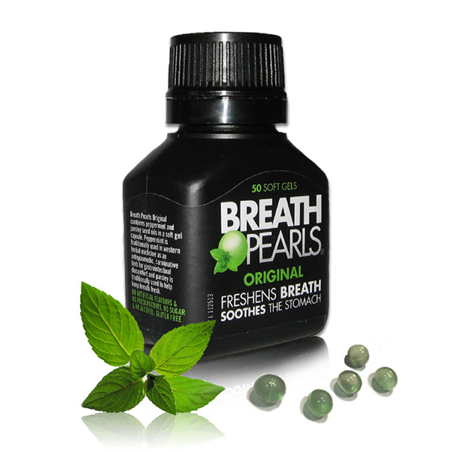 Viên uống trị hôi miệng Breath Pearls Original Freshens Breath Soothes The Stomach hộp 50 viên của Úc hình 1