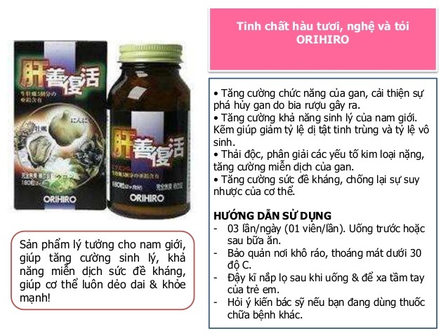 Tinh chất hàu tươi, tỏi và nghệ orihiro nhật bản 180 viên: viên uống giải độc gan, tăng cường sinh lý nam