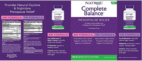 Các thành phẩn của Natrol Complete Balance® for Menopause AM/PM Formula giúp phụ nữ trải quan giai đoạn tiền mãn kinh nghẹ nhàng và khỏe mạnh