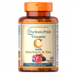 Puritan's Pride Vitamin C với Elderberry & Kẽm Viên Nhai hỗ trợ hệ thống miễn dịch 60 Viên