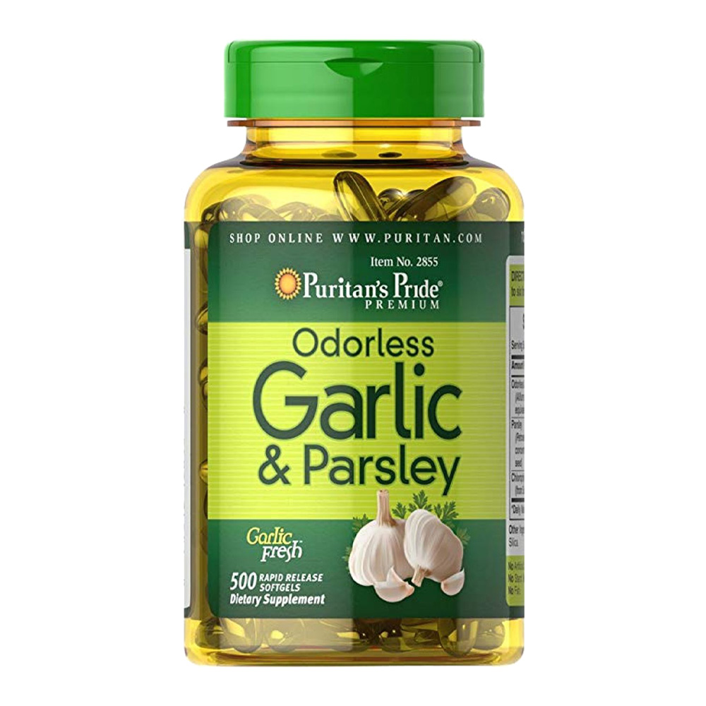 Puritan's Pride - Viên uống hỗ trợ tim mạch và tiêu hóa Tinh chất tỏi & ngò tây Odorless Garlic & Parsley 500 mg / 100 mg 100 viên