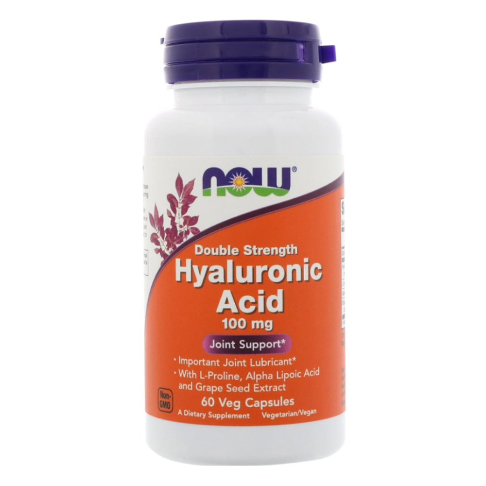 NOW Foods Hyaluronic Acid 100mg: Viên bổ sung acid Hyaluronic tăng cường bôi trơn khớp xương, sụn, 60 viên.