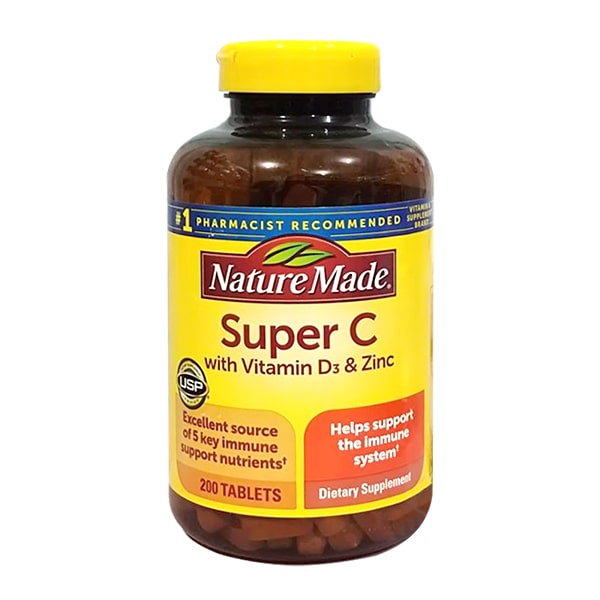 Nature Made Super C with vitamin D3 & Zinc 200 viên - Viên uống tăng cường hệ miễn dịch.