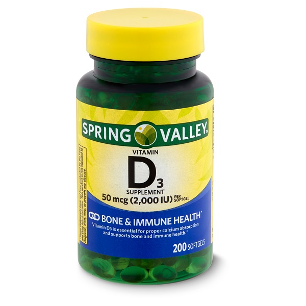 Viên uống bổ sung vitamin D3 - Spring Valley Vitamin D3 50mcg 2000IU 200 viên